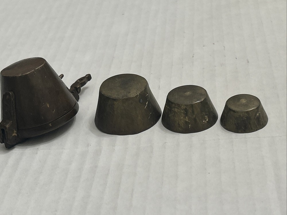 Antique 18th Century Solid Thick Brass Lidded Case And Nested Weigth Set 4 Piece