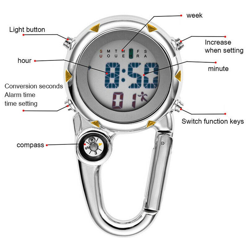Alloy Luminous Backpack Clip On Band Carabiner Digital Sports Fob Hiking Watch.