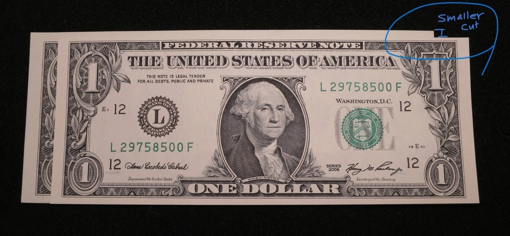 (5) 2006 Series Dollar Bill miscut Error Smaller Then Regular Bills