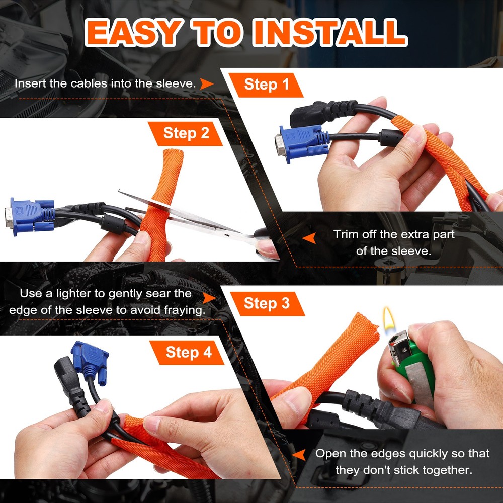 Wire Split Braided Cable Management Sleeve, Orange (5/8" - 30 Feet)