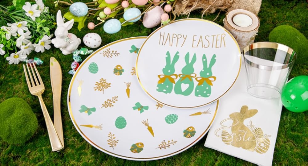 Easter Plastic Plates, Bunny Plastic Disposable Dinnerware Set