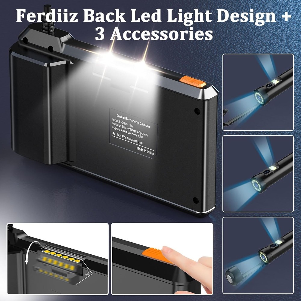 Dual-Lens Borescope with Light, Endoscope Camera Light 4.3" black