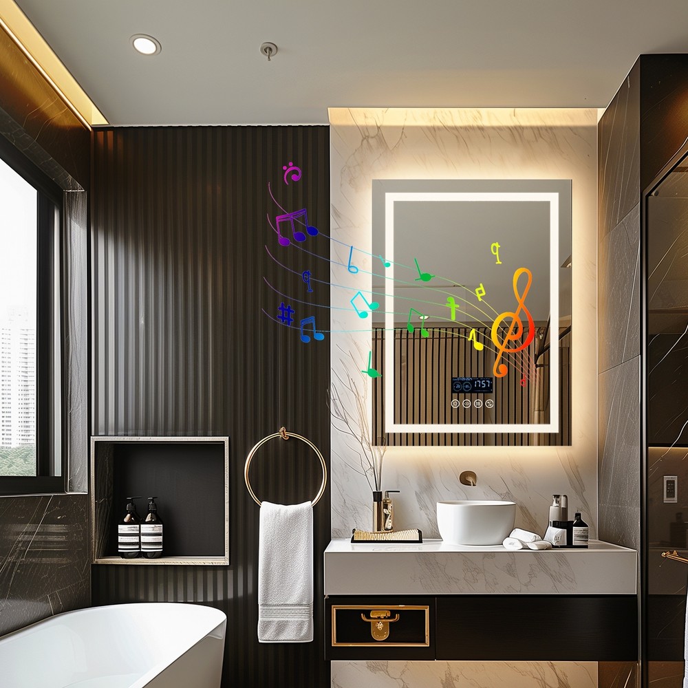 WISFOR Smart LED Lighted Bathroom Mirror with Bluetooth Speaker, Digital Display