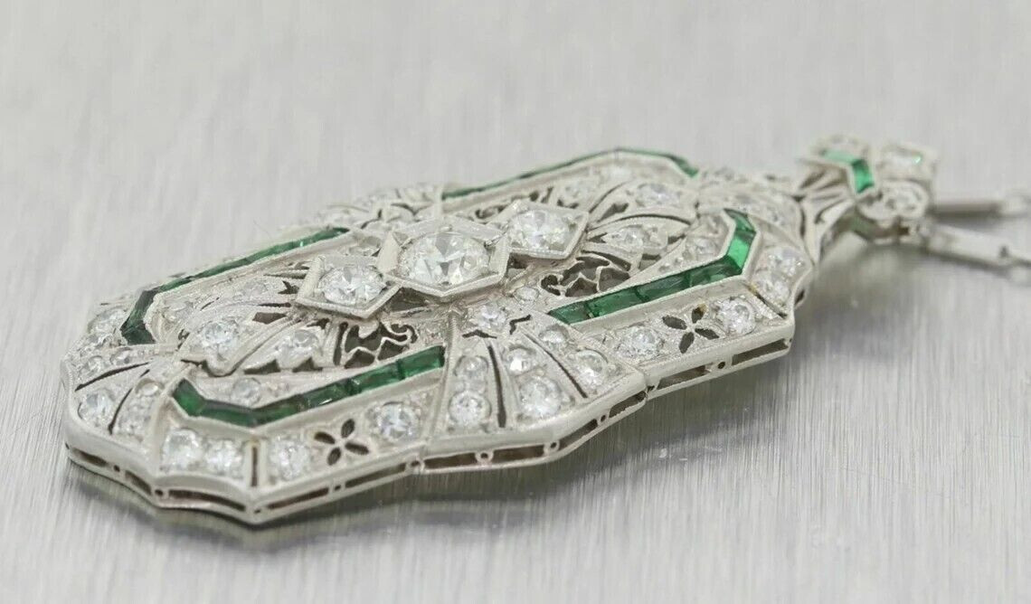 2.95Ct Art Deco Style Diamond & Emerald Enagagement Wedding 925 Silver Pendant