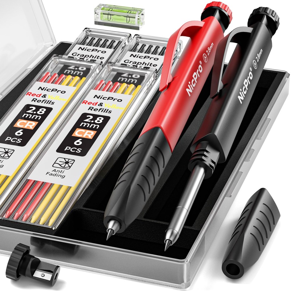 Nicpro 2 Pack Carpenter Pencil Set with Sharpener & Finger 2 PACK, Black, Red