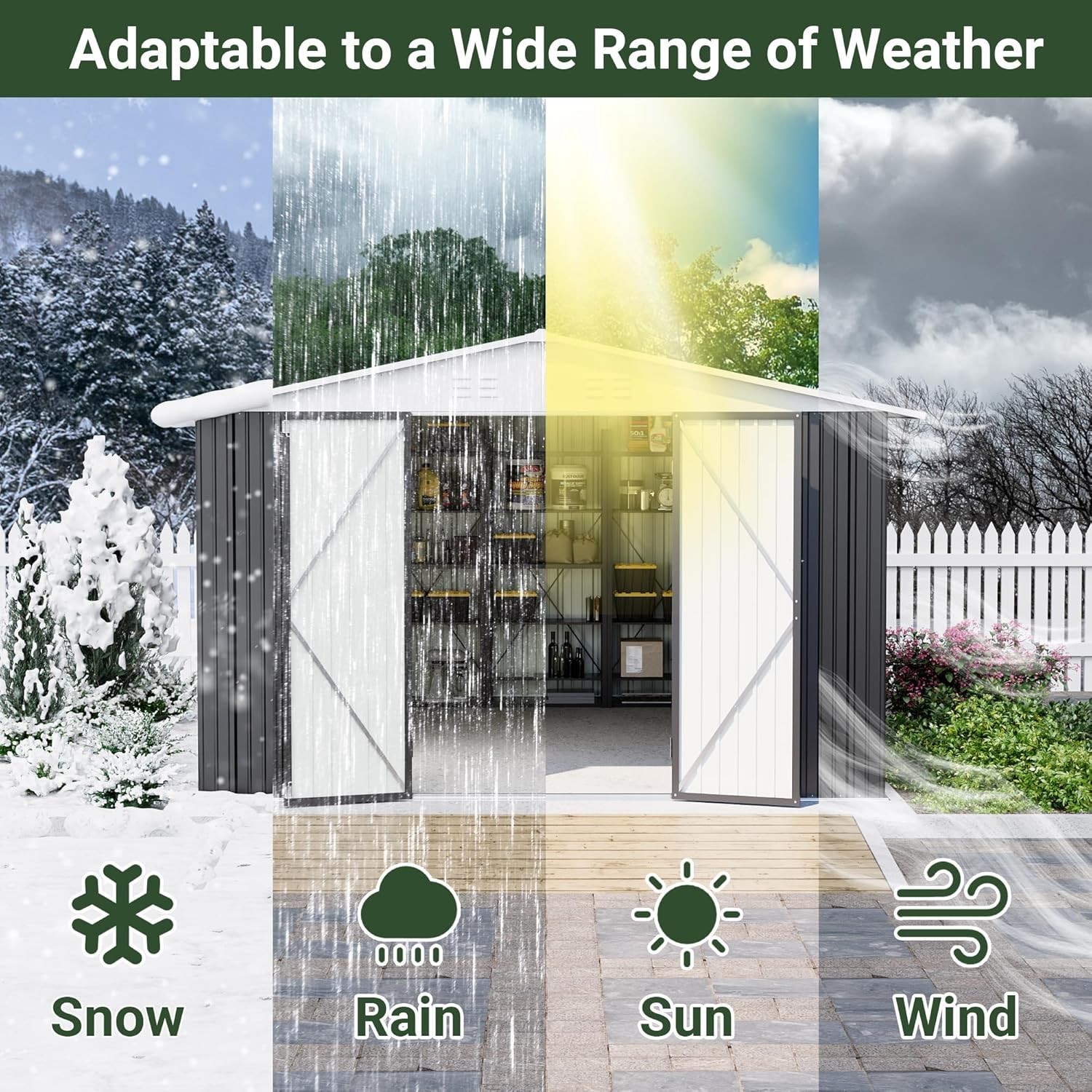 10x12 FT Outdoor Storage Shed with Updated Frame, White/Black
