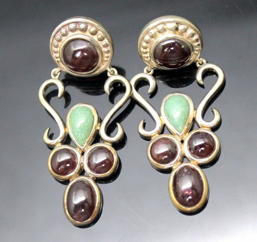 SIGNED MRF GENUINE RUBY CABOCHON TURQUOISE CHIP INLAY STERLING SILVER EARRINGS
