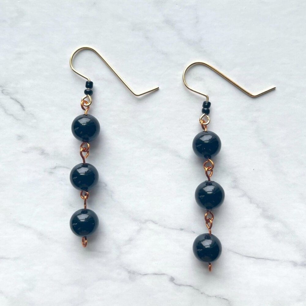 Black Round Bead Dangle Drop Earrings