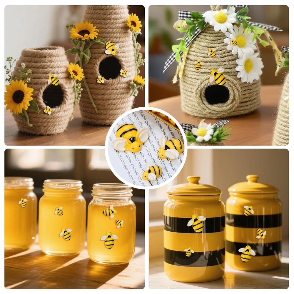 Tiny Resin Bees for Crafts,32Pcs Small Plastic Bumble Bee Decor with 36 Doubl...