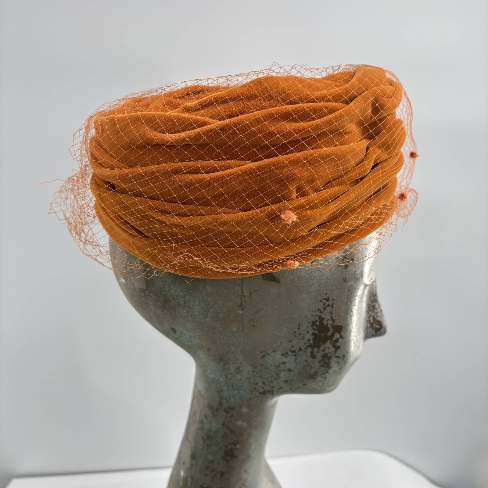 Vtg 60s Lucile Mendez Orange Velvet Hat Veil Pillbox Cocktail Mod Turban