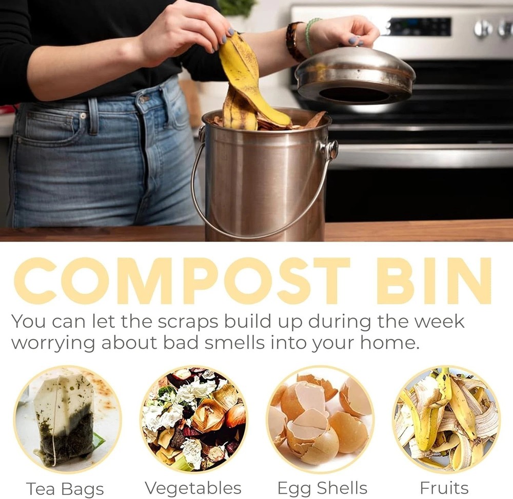 Odorless Compost Bin - 1.3 Gallon Stainless Steel Kitchen Composter