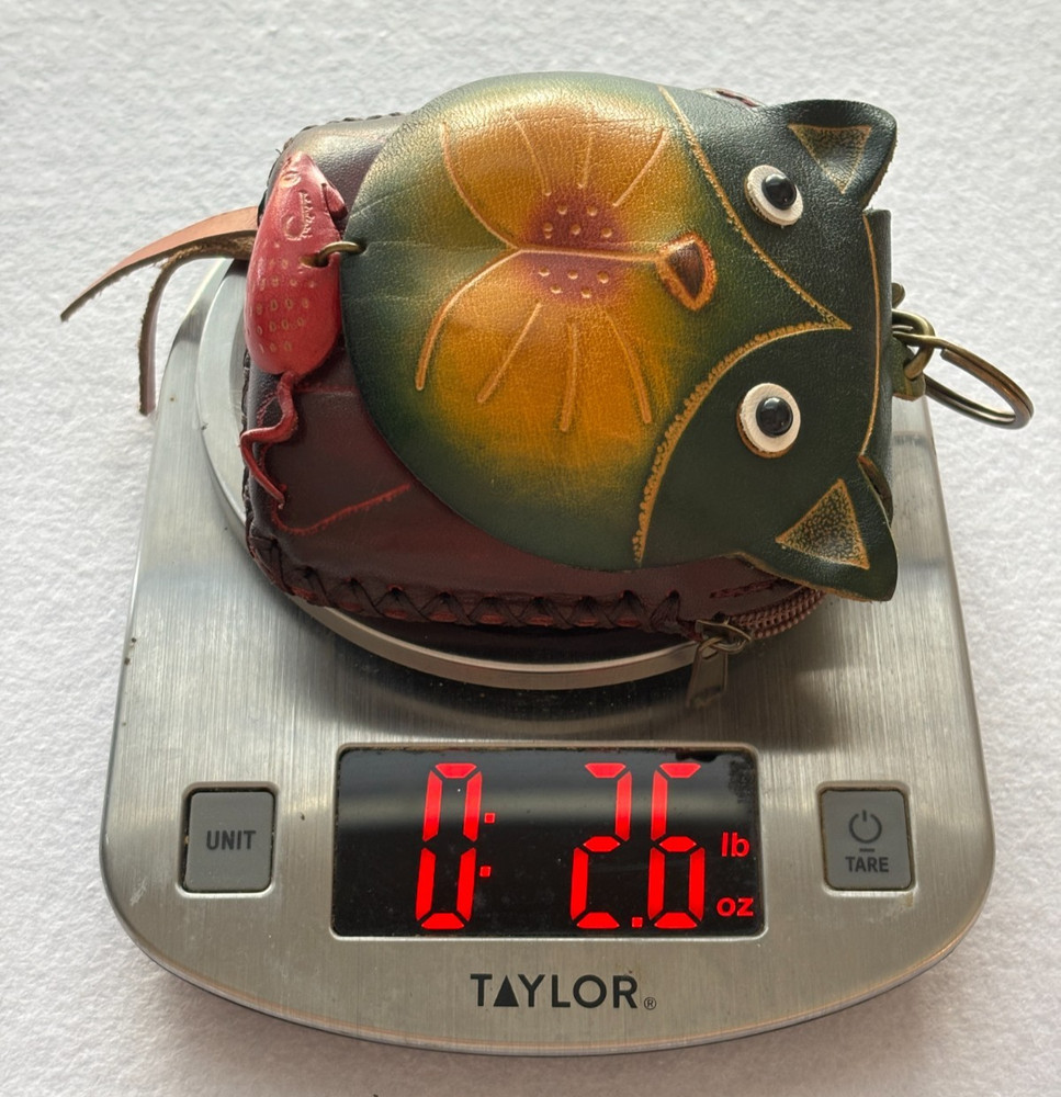 Leather Cat & Mouse Coin Purse Key Ring Zip Closure