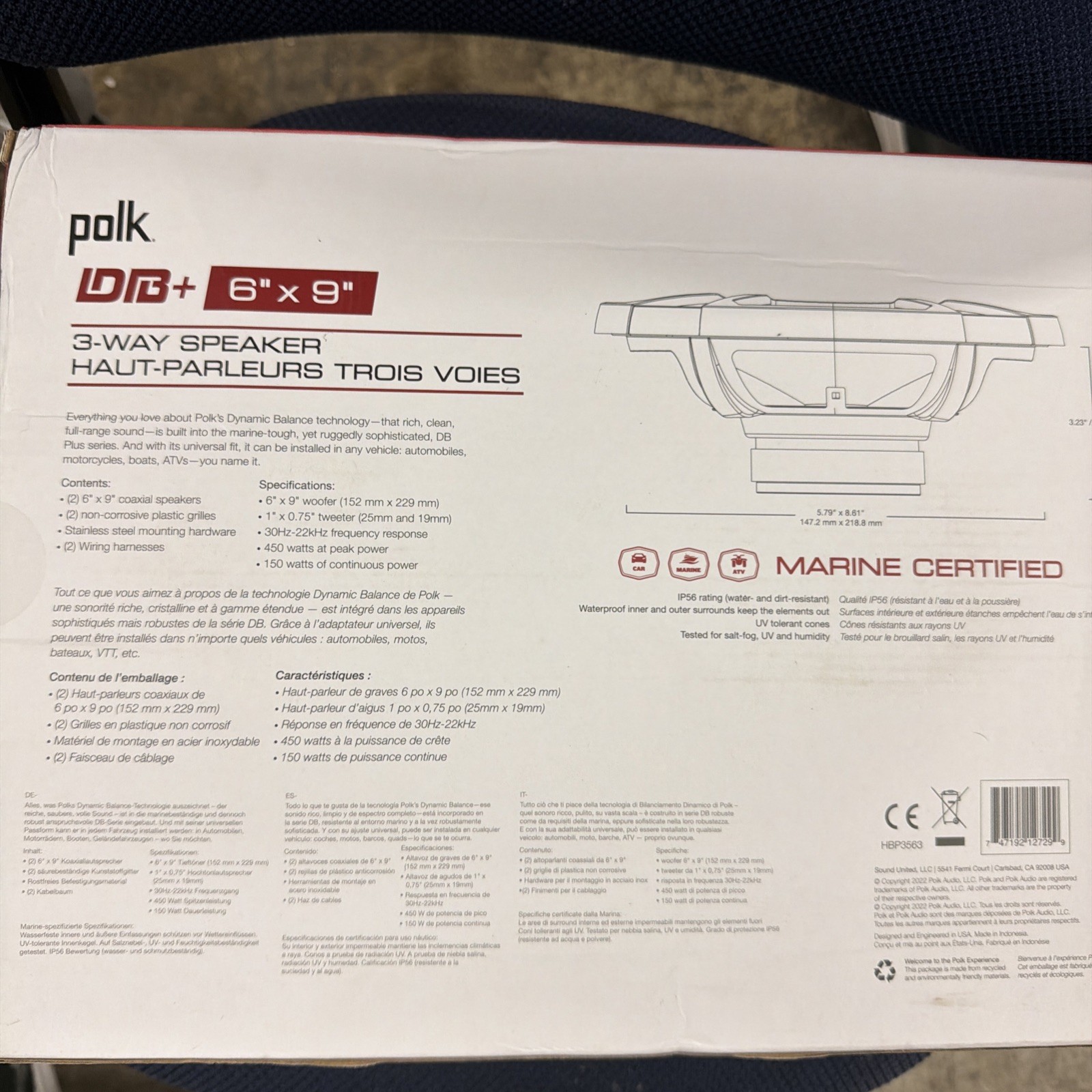 Polk Audio DB+ s 6"x9" Three-Way Coaxial Speaker Marine Certification, Black