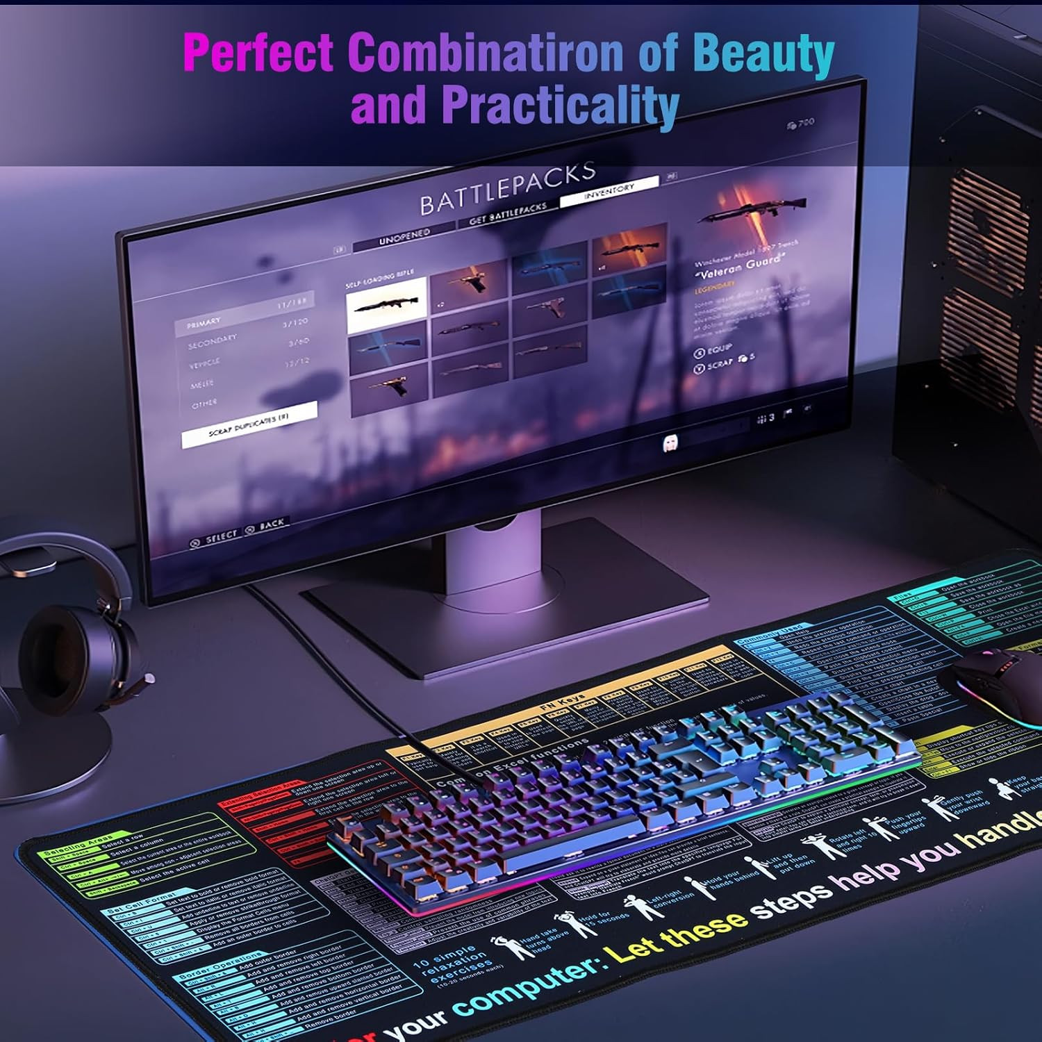 Excel Cheat Sheet Desk Pad Mat (11.8X31.5In) - XL Excel Formulas Shotcuts Mouse