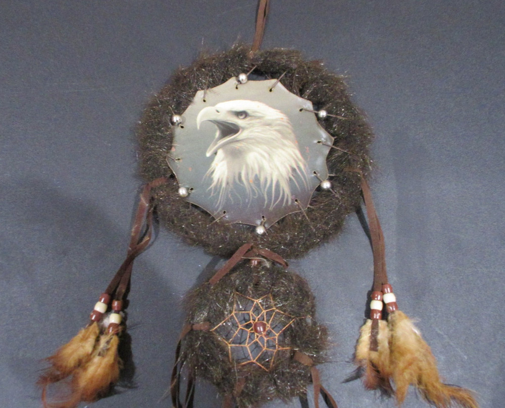 Two Circle Feathered 7" Dream Catcher With Bald Eagle