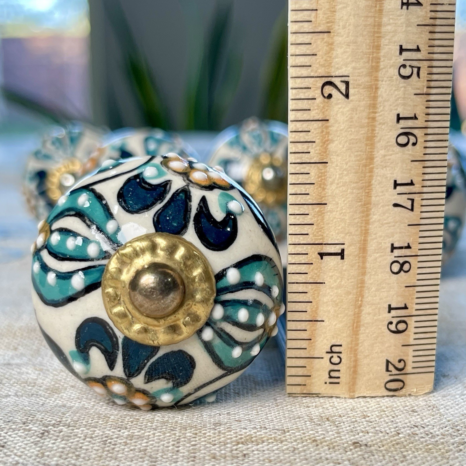 6 Hand Painted Ceramic Boho Floral Drawer Knobs Turquoise Blue Gold White Orange