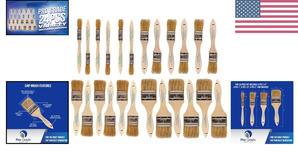 Versatile 24-Piece Paint Brush Set with Solid Wood Handles & Flat Bristles