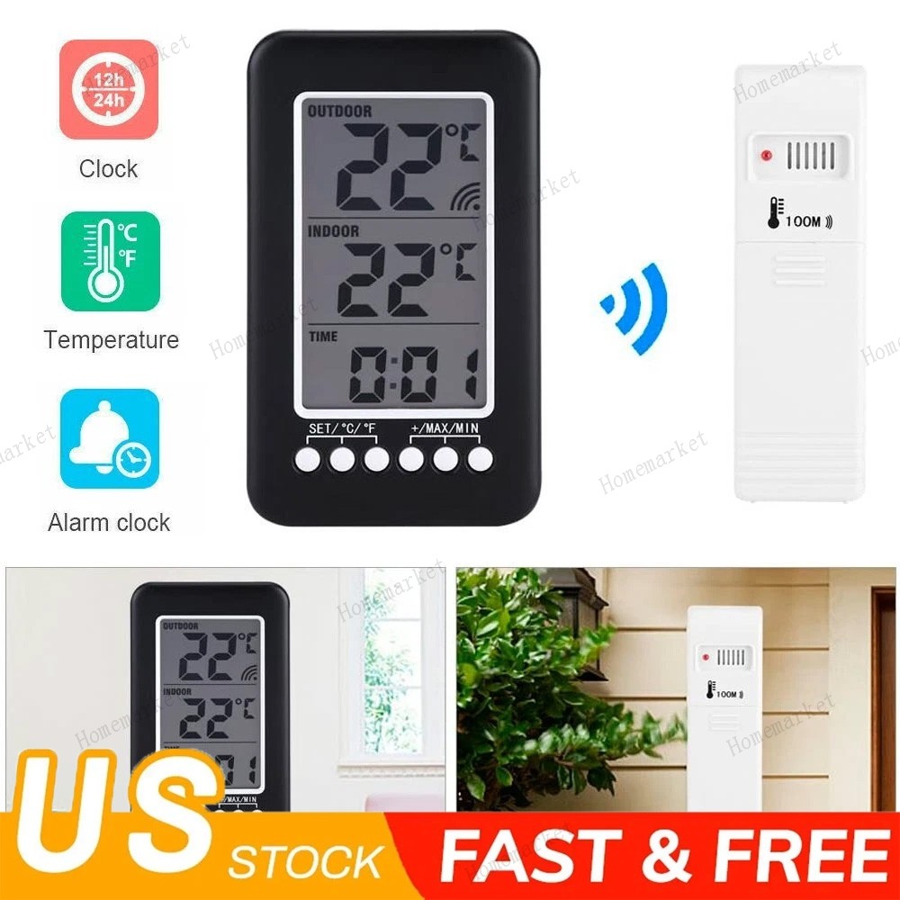 Indoor Outdoor Digital Thermometer Clock Temperature Meter Wireless Transmitter