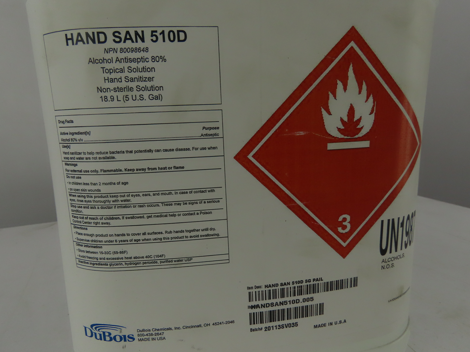 DuBois HAND SAN 510D Hand Sanitizer, 5 Gallon Pail 80% Alcohol