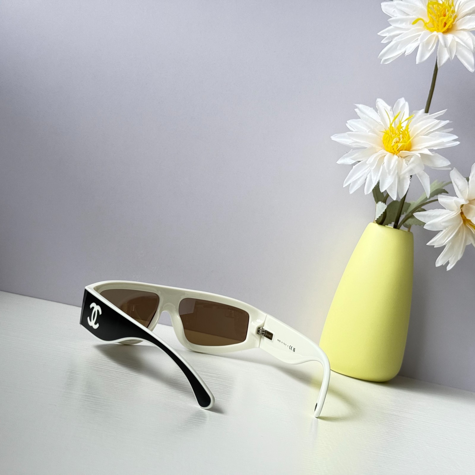 Chanel CH6057 Sunglasses Black/Beige Shield Wrap Brown Lens