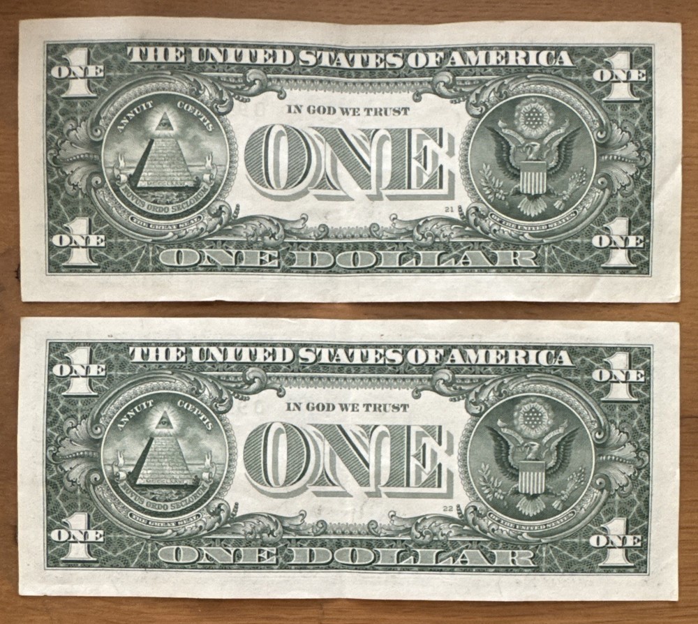 Two (2) 2021 $1 Sequential Notes with IDENTICAL Over Inked/smudge on Upper #8’s