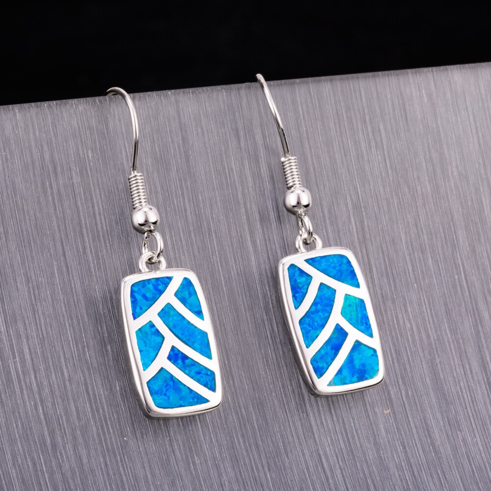 Rectangle Shape Ocean Blue Fire Opal Silver Jewelry Dangle Drop Earrings