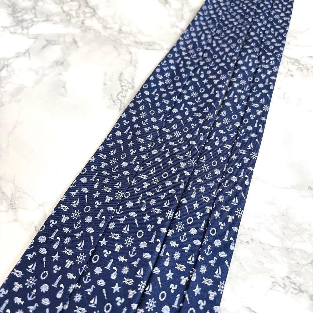 HERMES Tie Full Marine Monogram Pattern Navy Blue