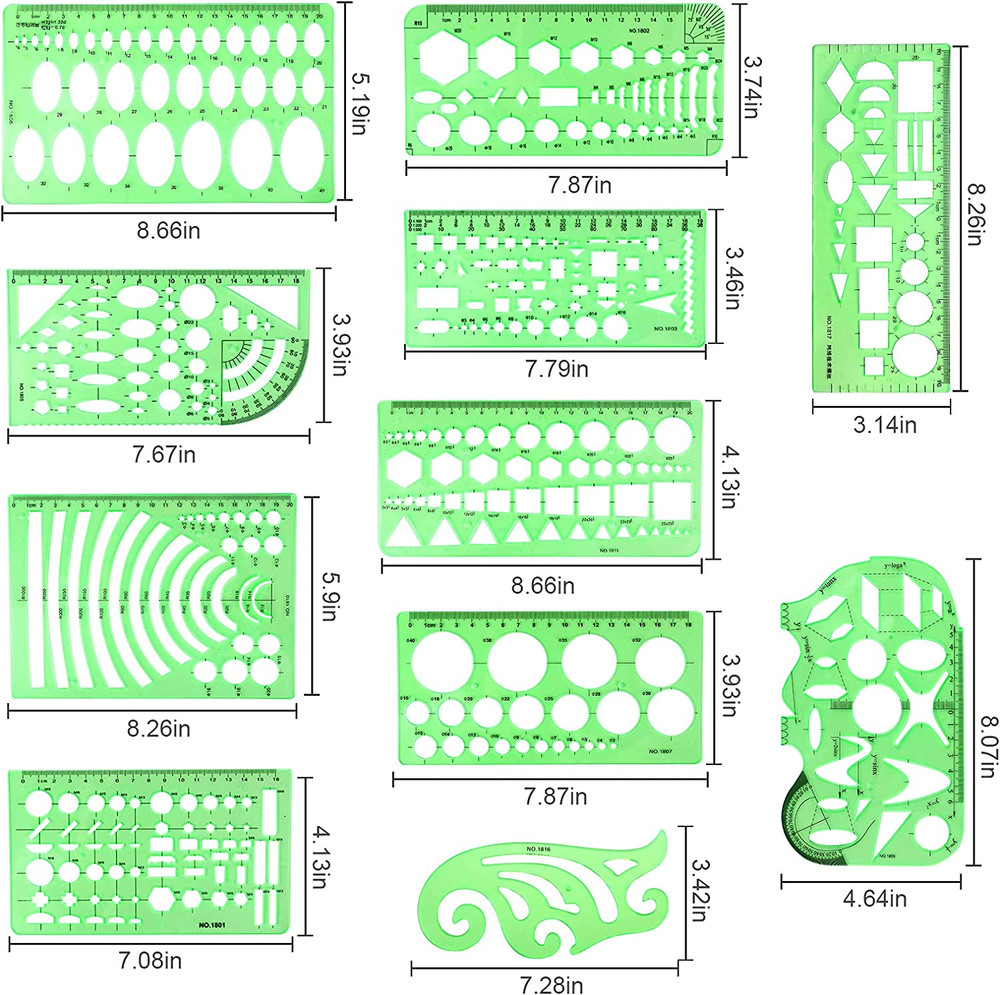 11PCS Geometric Drawings Templates Drafting Stencils Measuring Tools Plastic