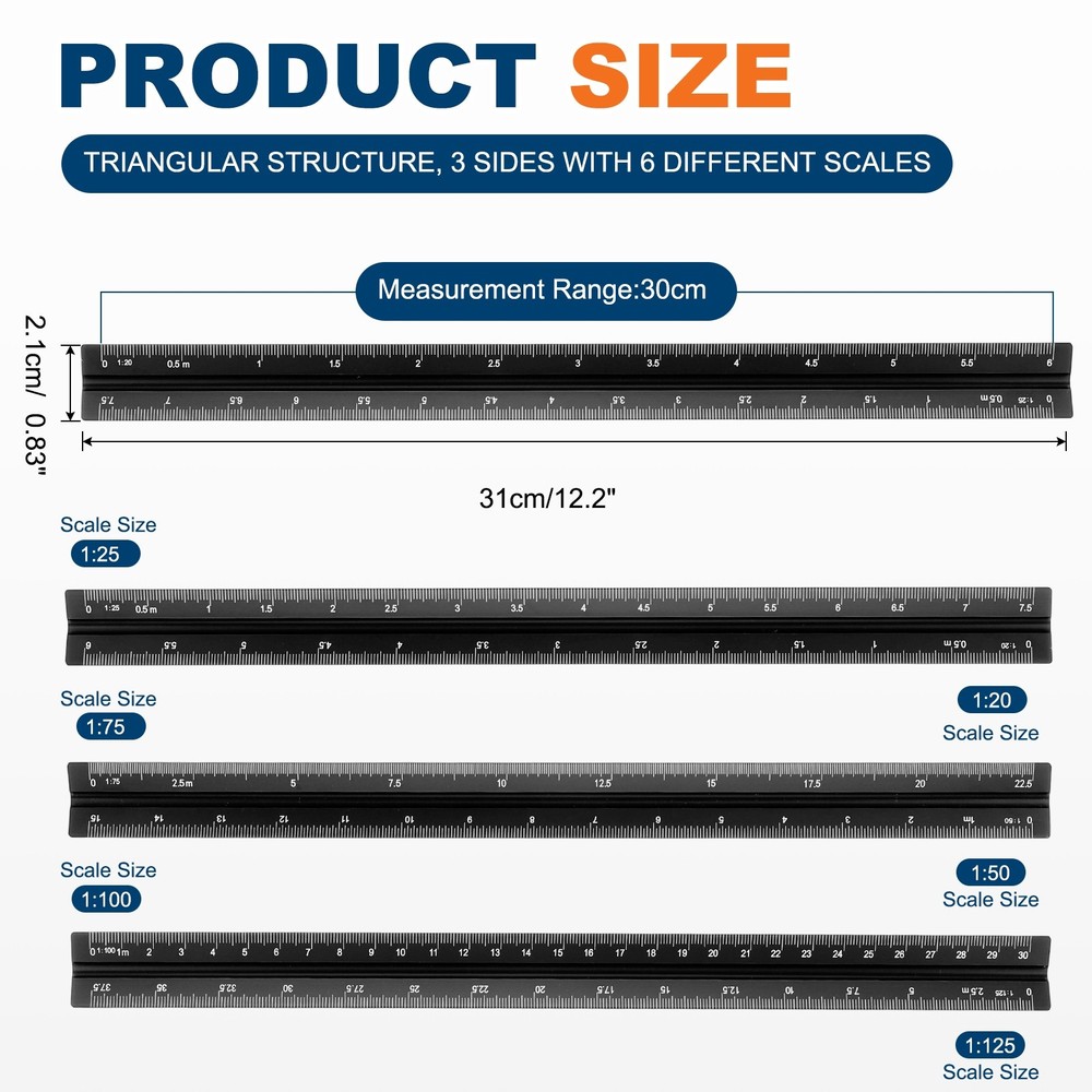 12 Inch Metric Architectural Triangular Scale Ruler Small Scale, Black