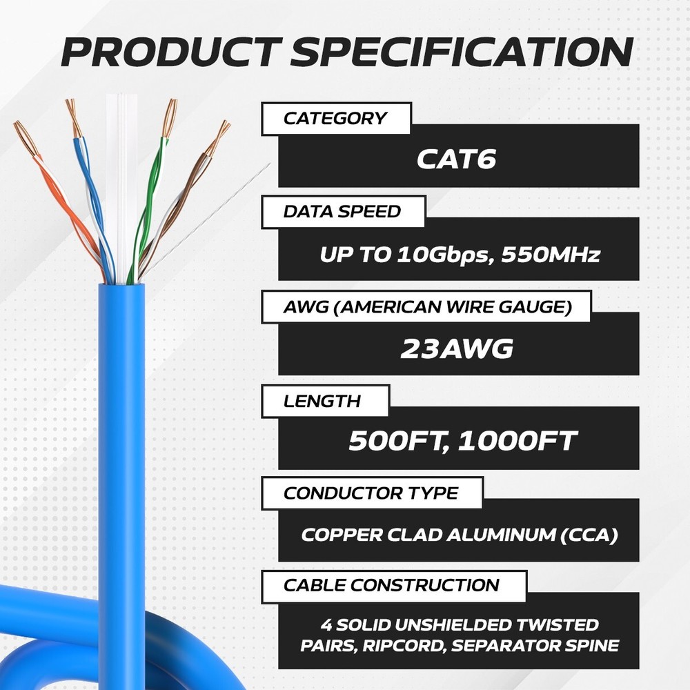 CAT6 Ethernet Cable 1000FT 23AWG CCA Network Solid Bulk Wire, Pull Box, Blue