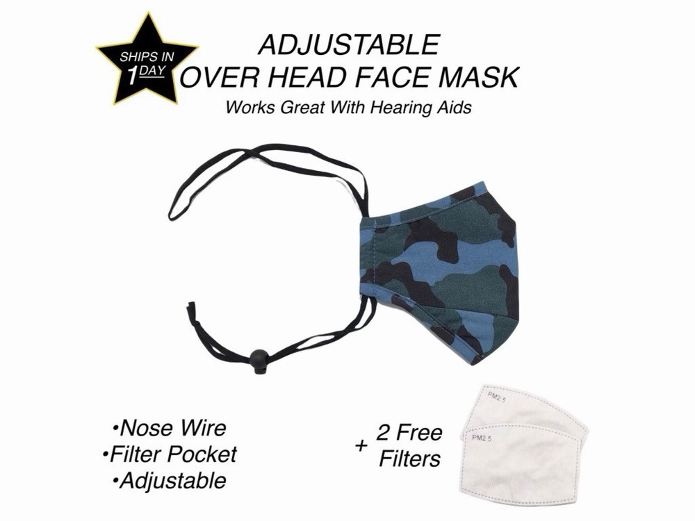 Adjustable Over Head Face Mask, Nose Wire, Filter Pocket, Camouflage, Patterned