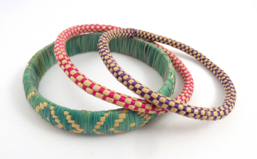 3 VTG  Handmade Straw Weave Bangle Bracelets Multi Colored Native Design