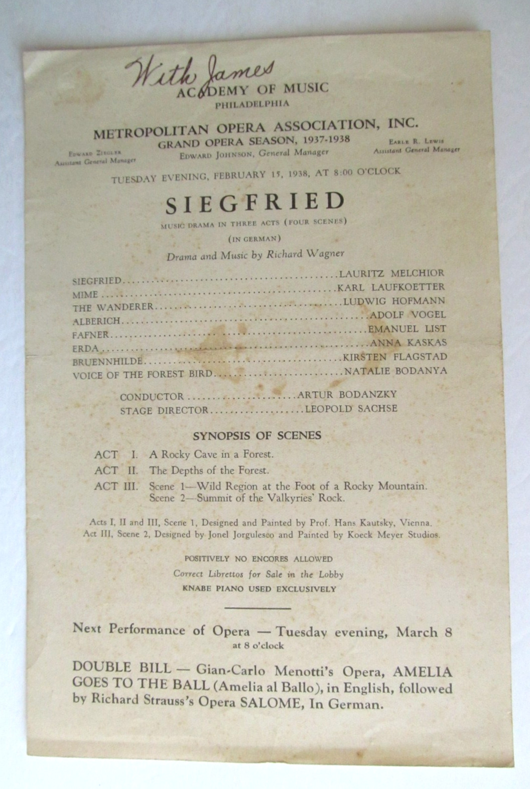 Program - Siegfried- 1938- Metropolitan Opera Philadelphia - Flagstad, Melchior