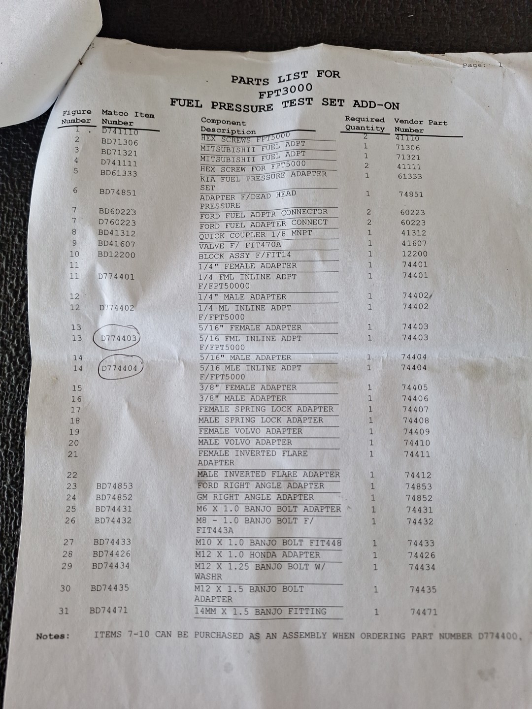 Matco Tools Fuel Pressure Test Set Add On. FPT3000 (Partial Set)