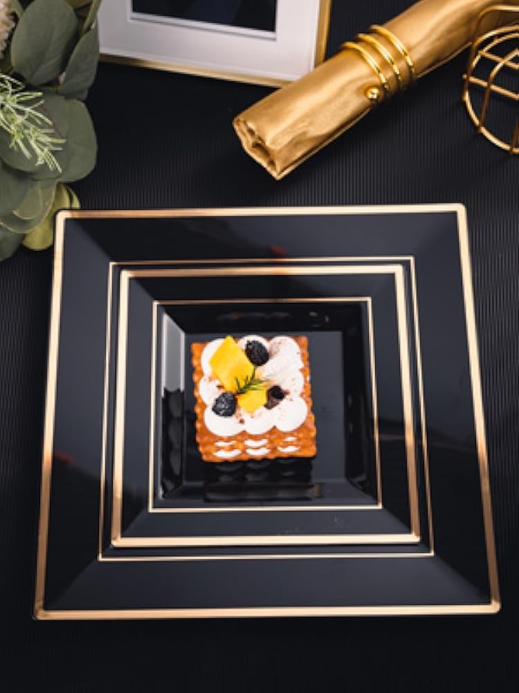 Bla Square Plastic Plates with Gold Rim Include 30 Disposable Dinner