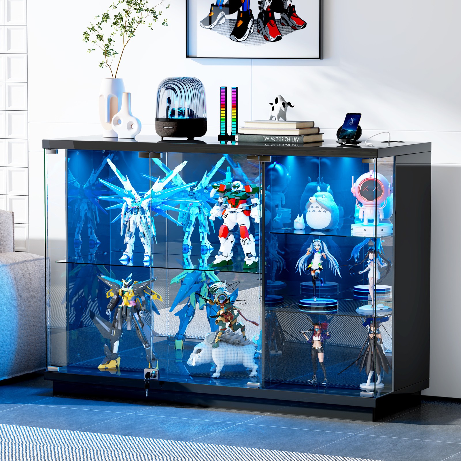 Black Glass Display Case with LED Light for Collectibles, Lockable Curio Cabinet