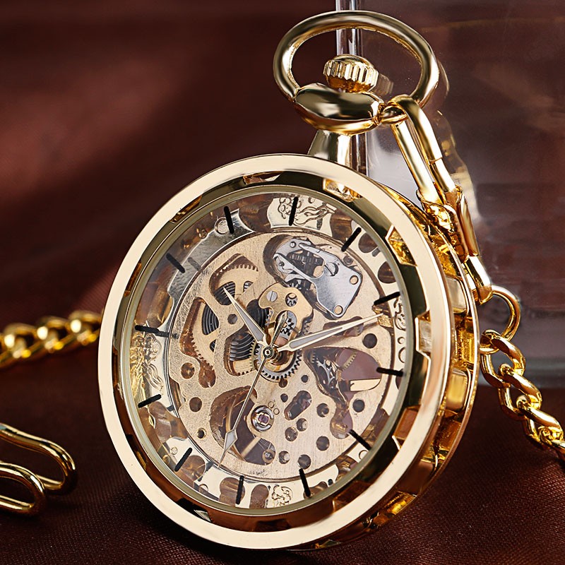 Men's Mechanical Pocket Watch Steampunk Skeleton Pendant Chain Hand Winding Gift