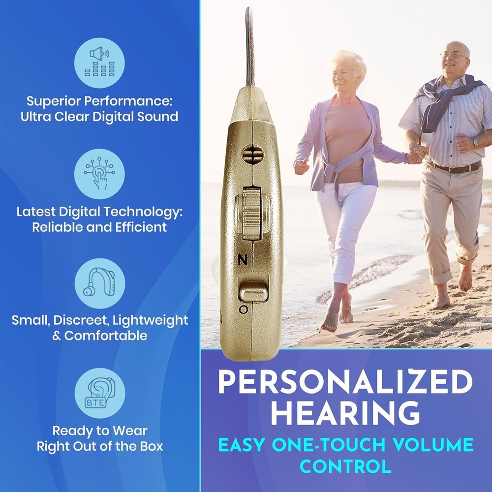 Compact Rechargeable BTE Hearing Amplifiers - Stylish Gold with Easy Control