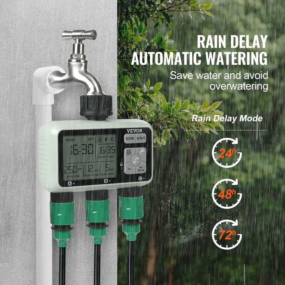 VEVOR Water Timer 3 Outlets Hose Watering Sprinkler Timer LCD Rain Delay Mode