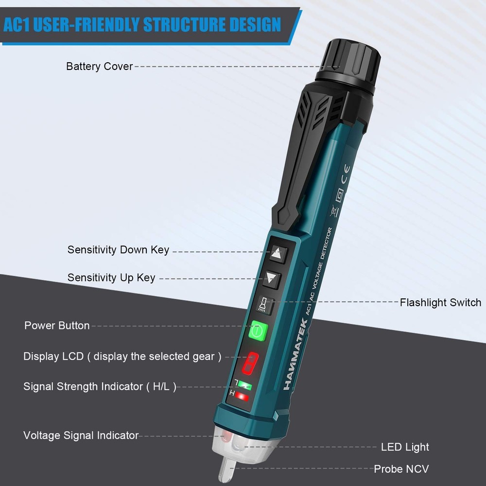 HANMATEK Non-Contact Voltage Tester with Adjustable Sensitivity & LED Flashlight