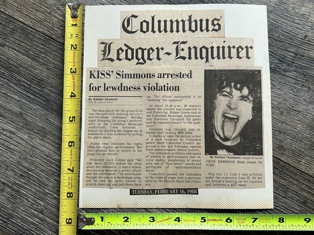 KISS Concert Clipping Crazy Nights Tour GENE SIMMONS Arrested Ohio Vintage Kiss