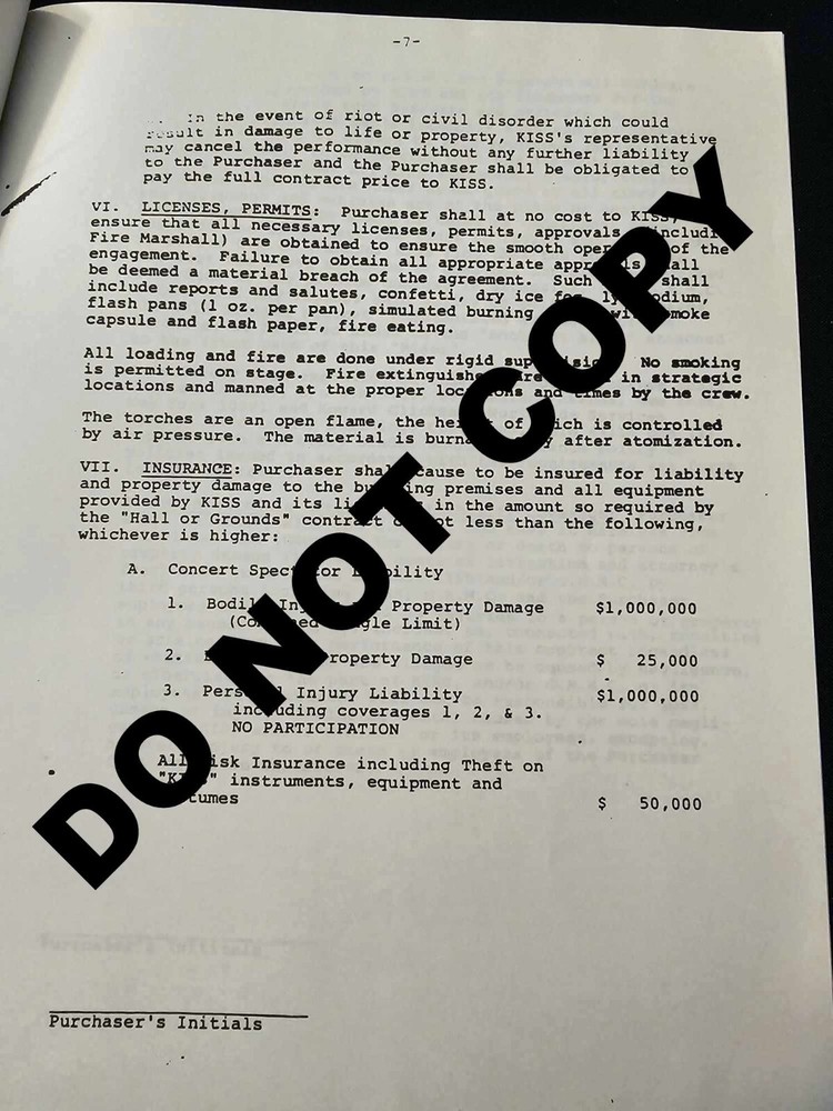 KISS Contract Rider 1982/83 PHOTOCOPY