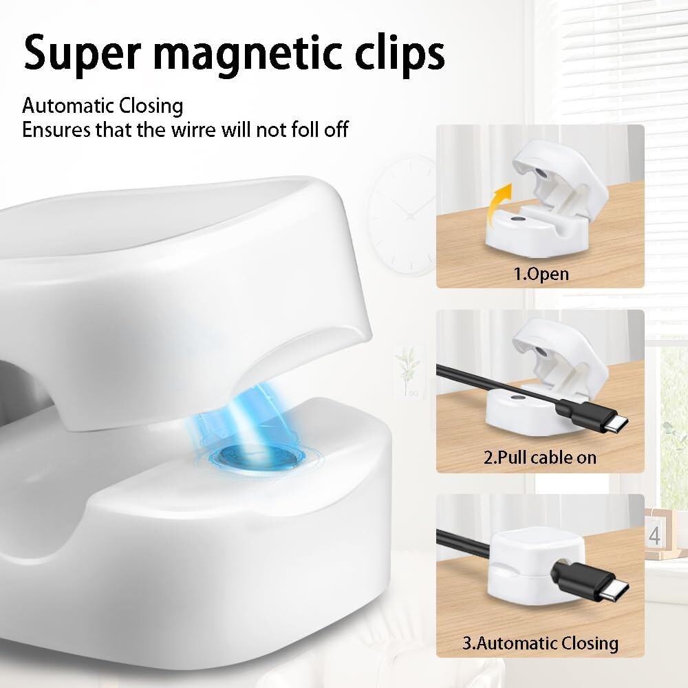 Magnetic Cable Clips, 6 Pack Cord Organizer Holder, White Charging Cable Keeper