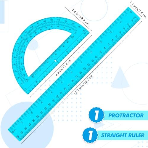 2 Pack 12 Inch Plastic Ruler and 6 Inch Plastic Protractor Set Clear Math Blue