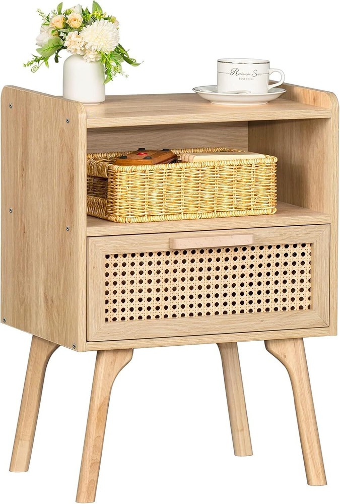 Rattan Nightstand Boho Side Table w/Drawer Open Shelf Accent Bedside End Table