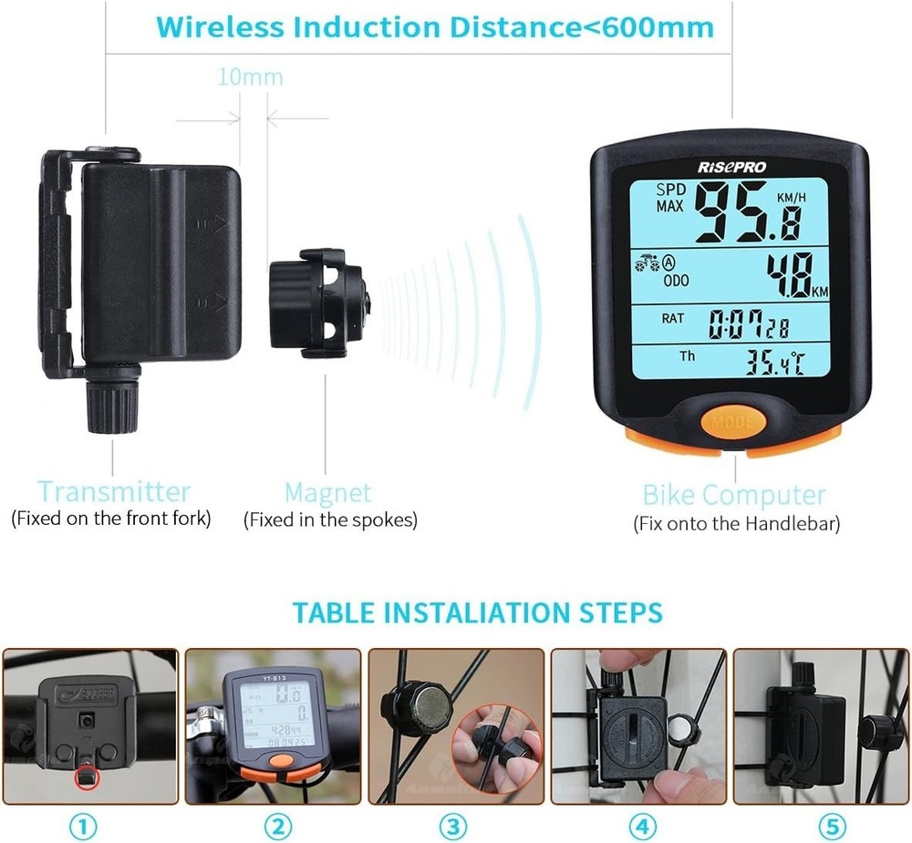 Wireless Bicycle Speedometer & Odometer with Backlight - YT-813 Elegance