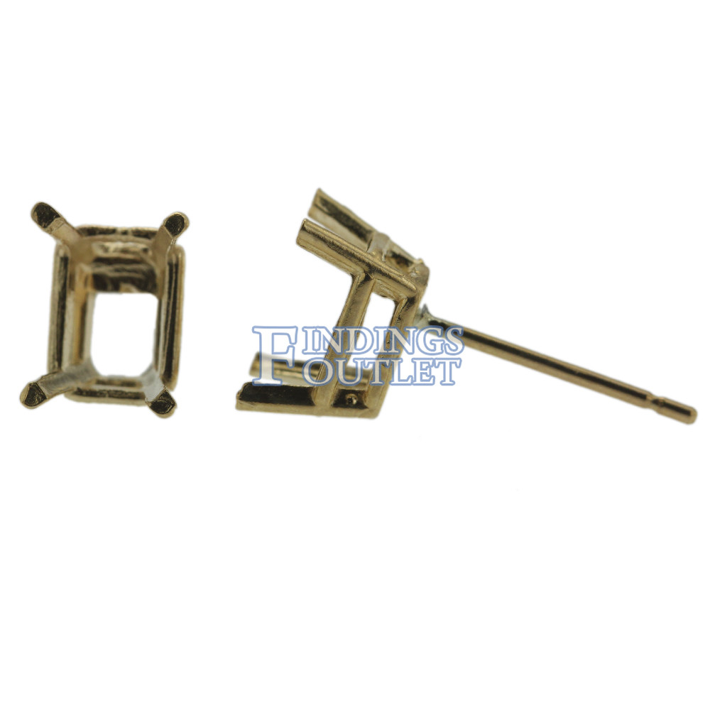 14k Yellow Gold Emerald Cut Stud Earring Mounting Setting Push Back Post 4 Prong