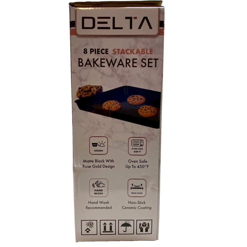 Delta 8 Piece Nonstick Stackable Bakeware Set Matte Black Rose Gold Trim NIB