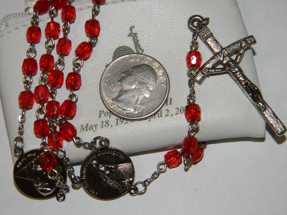 Red rosary Pope John Paul II canonization Jesus Immaculate Conception with case