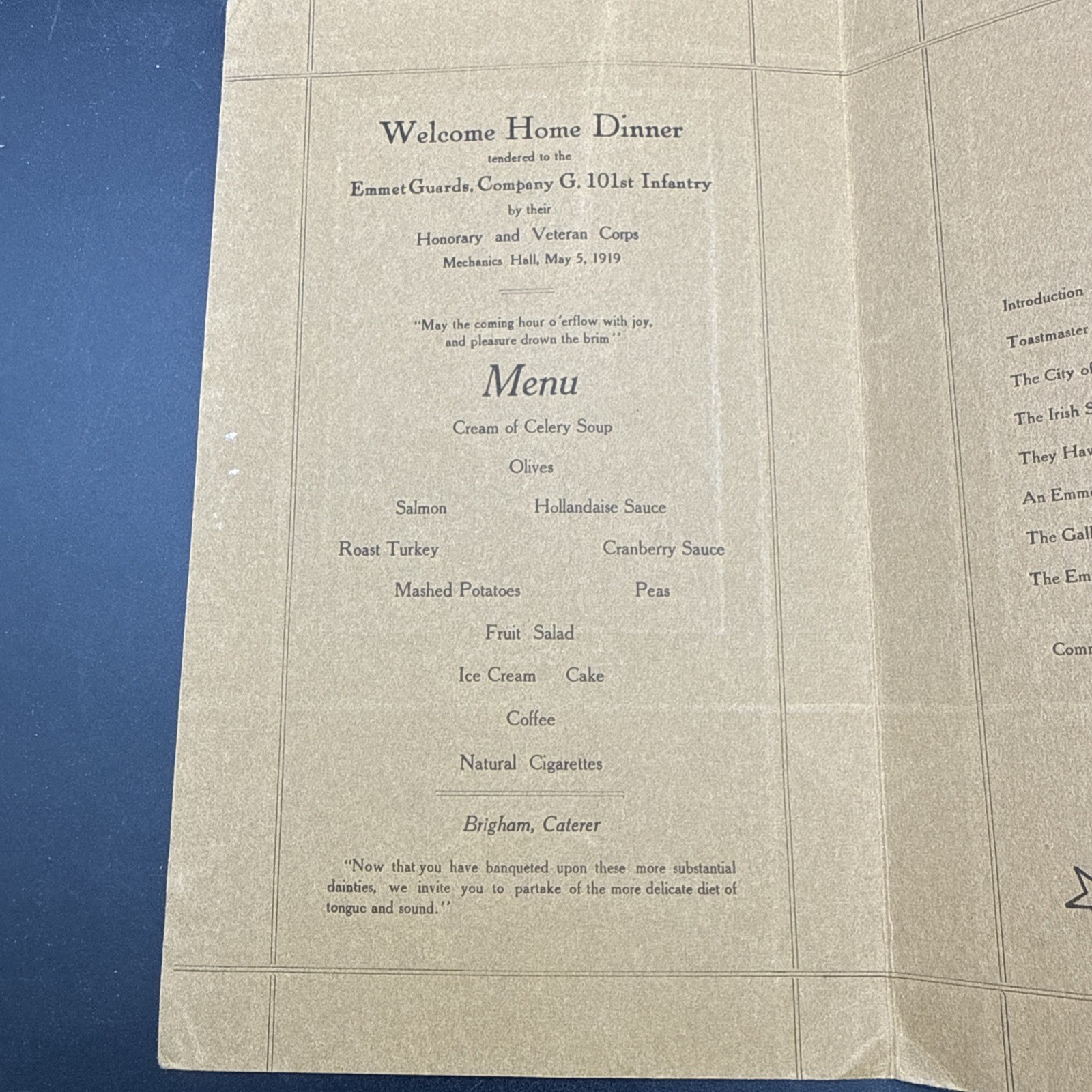WWI 1919 Welcome Home Dinner Tribute Co. G 101st Infantry 26th Division menu YD